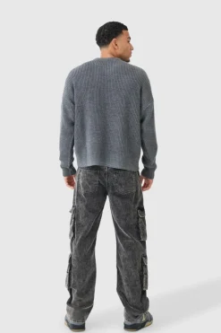 Best Sale boohooMAN Boxy Crew Neck Ribbed Knitted Jumper charcoal