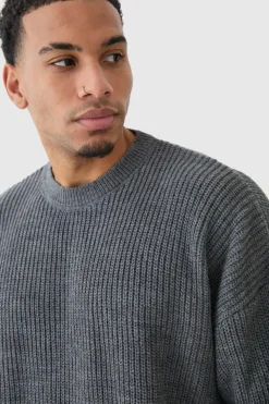 Best Sale boohooMAN Boxy Crew Neck Ribbed Knitted Jumper charcoal