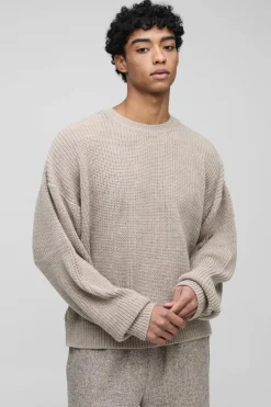 Fashion boohooMAN Boxy Crew Neck Ribbed Knitted Jumper stone