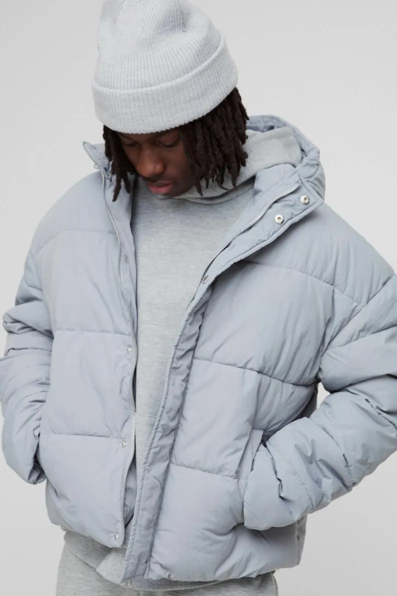 Fashion boohooMAN Boxy Crinkle Nylon Puffer In light grey
