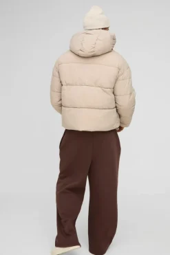 Hot boohooMAN Boxy Crinkle Nylon Puffer In sand