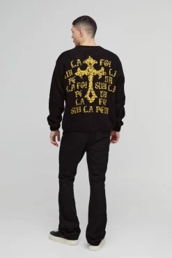 Hot boohooMAN Boxy Cross Graphic Brushed Knitted Cardigan black