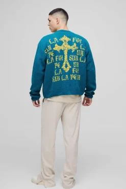 Online boohooMAN Boxy Cross Graphic Brushed Knitted Cardigan green