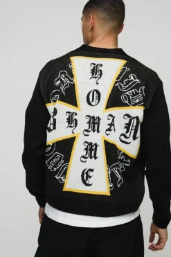 Fashion boohooMAN Boxy Cross Graphic Knitted Cardigan black