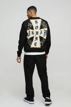 Fashion boohooMAN Boxy Cross Graphic Knitted Cardigan black