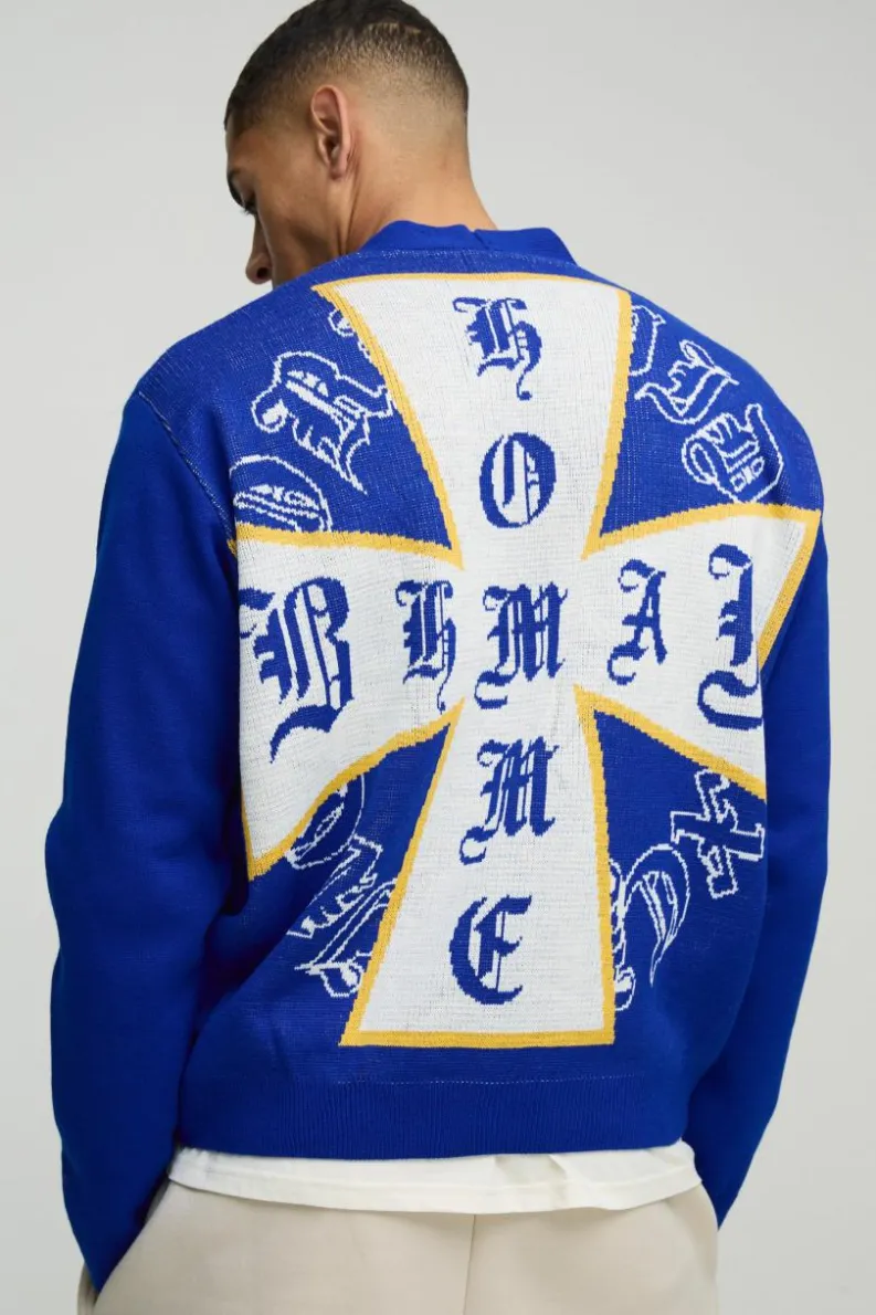 Discount boohooMAN Boxy Cross Graphic Knitted Cardigan blue