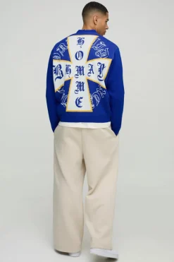 Discount boohooMAN Boxy Cross Graphic Knitted Cardigan blue