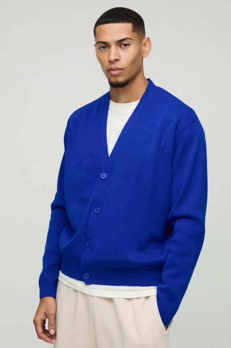 Discount boohooMAN Boxy Cross Graphic Knitted Cardigan blue