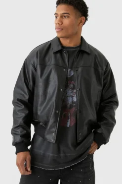 Online boohooMAN Boxy Debossed Collared Pu Bomber Jacket In black