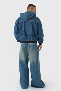 Hot boohooMAN Boxy Denim Embroidered Hoodie antique blue