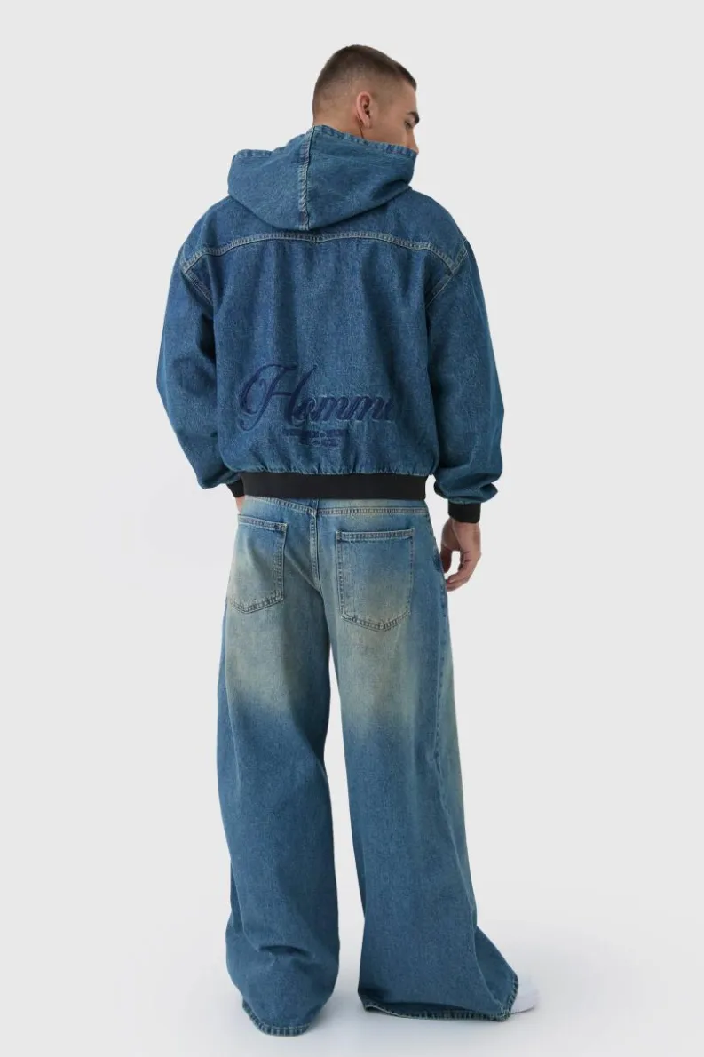 Hot boohooMAN Boxy Denim Embroidered Hoodie antique blue