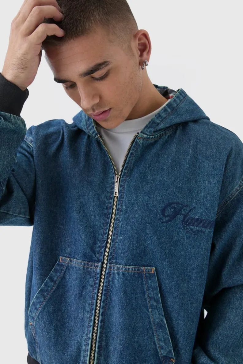 Hot boohooMAN Boxy Denim Embroidered Hoodie antique blue