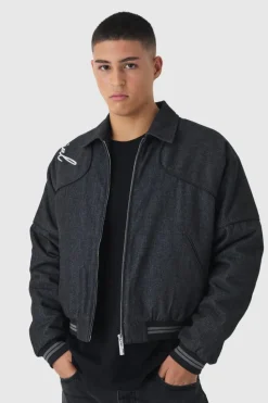 Clearance boohooMAN Boxy Denim Embroidered Varsity Bomber Jacket washed black