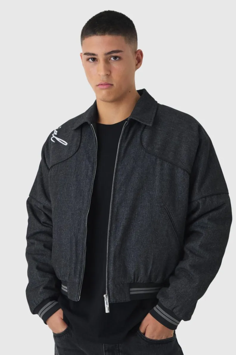 Clearance boohooMAN Boxy Denim Embroidered Varsity Bomber Jacket washed black