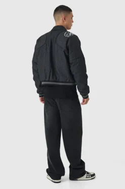 Clearance boohooMAN Boxy Denim Embroidered Varsity Bomber Jacket washed black