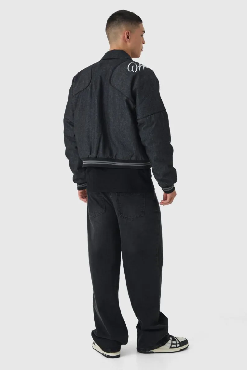 Clearance boohooMAN Boxy Denim Embroidered Varsity Bomber Jacket washed black