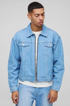Online boohooMAN Boxy Denim LA Applique Denim Jacket light blue