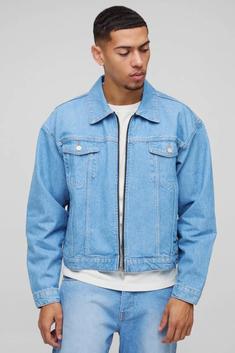 Online boohooMAN Boxy Denim LA Applique Denim Jacket light blue
