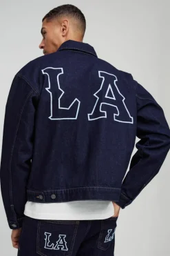 Fashion boohooMAN Boxy Denim LA Embroidery Denim Jacket indigo