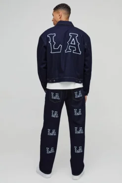 Fashion boohooMAN Boxy Denim LA Embroidery Denim Jacket indigo