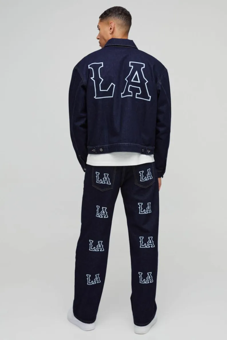 Fashion boohooMAN Boxy Denim LA Embroidery Denim Jacket indigo