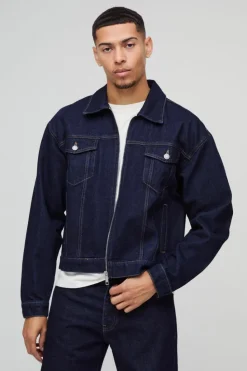 Fashion boohooMAN Boxy Denim LA Embroidery Denim Jacket indigo