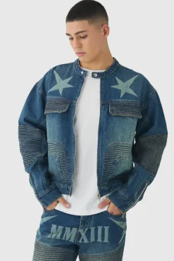 Cheap boohooMAN Boxy Denim Moto Star Laser Print Biker Jacket vintage blue