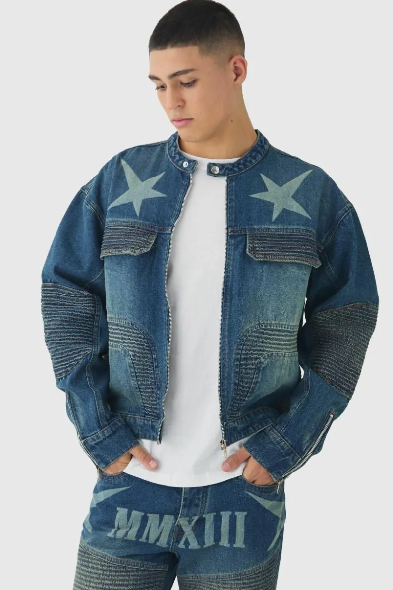 Cheap boohooMAN Boxy Denim Moto Star Laser Print Biker Jacket vintage blue