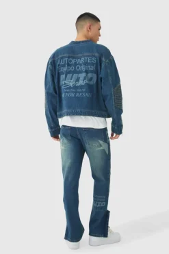 Cheap boohooMAN Boxy Denim Moto Star Laser Print Biker Jacket vintage blue