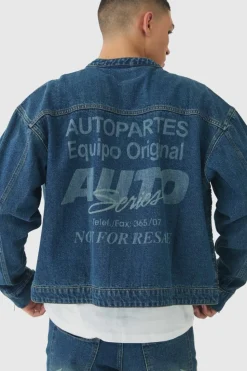 Cheap boohooMAN Boxy Denim Moto Star Laser Print Biker Jacket vintage blue