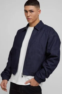 Shop boohooMAN Boxy Denim Padded Jacket indigo