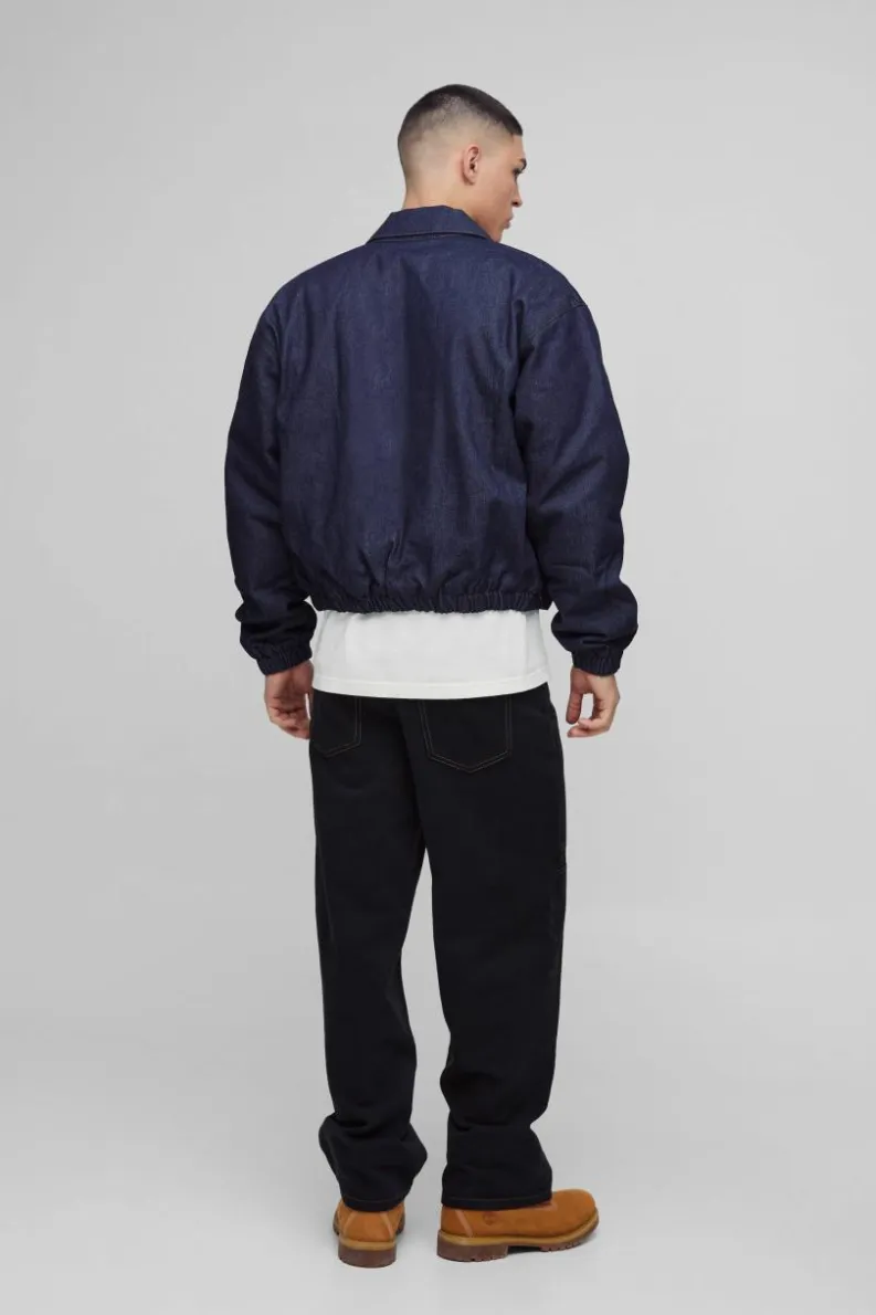 Shop boohooMAN Boxy Denim Padded Jacket indigo
