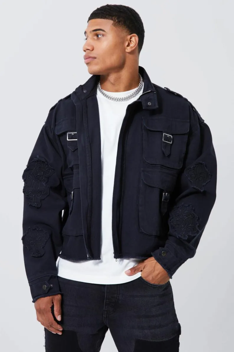 New boohooMAN Boxy Distressed Cross Applique Twill Jacket black
