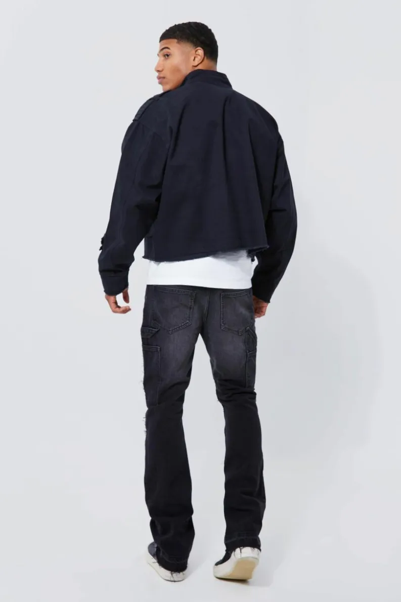 New boohooMAN Boxy Distressed Cross Applique Twill Jacket black