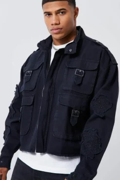 New boohooMAN Boxy Distressed Cross Applique Twill Jacket black