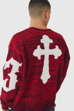 Store boohooMAN Boxy Distressed Hem Cross Graphic Knitted Jumper red