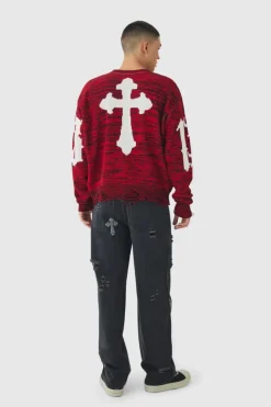Store boohooMAN Boxy Distressed Hem Cross Graphic Knitted Jumper red
