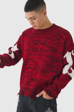 Store boohooMAN Boxy Distressed Hem Cross Graphic Knitted Jumper red
