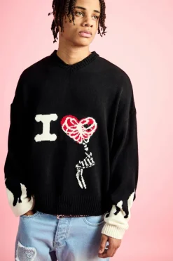 Sale boohooMAN Boxy Drop Shoulder V Neck Graphic Jumper black