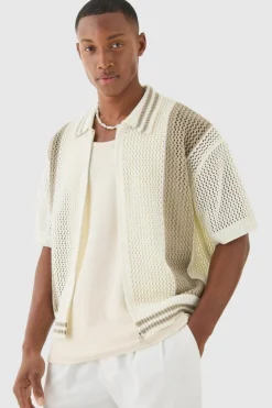 Clearance boohooMAN Boxy Dual Zip Open Stitch Colour Block Shirt stone