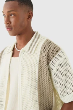 Clearance boohooMAN Boxy Dual Zip Open Stitch Colour Block Shirt stone
