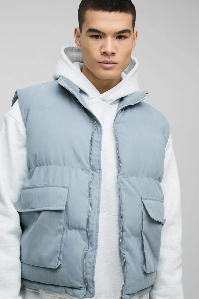 Shop boohooMAN Boxy Faux Suede Funnel Neck Gilet In Blue dusty blue
