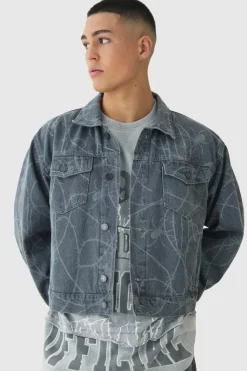 Best Sale boohooMAN Boxy Fit Barbed Wire Laser Print Denim Jacket grey