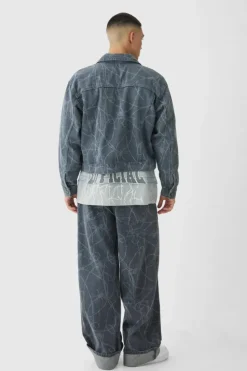 Best Sale boohooMAN Boxy Fit Barbed Wire Laser Print Denim Jacket grey