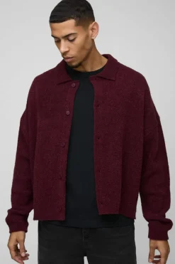 Best boohooMAN Boxy Fit Brushed Knit Cardigan burgundy