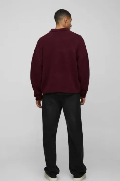Best boohooMAN Boxy Fit Brushed Knit Cardigan burgundy