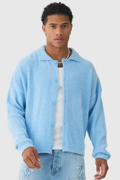 Outlet boohooMAN Boxy Fit Brushed Knit Cardigan light blue