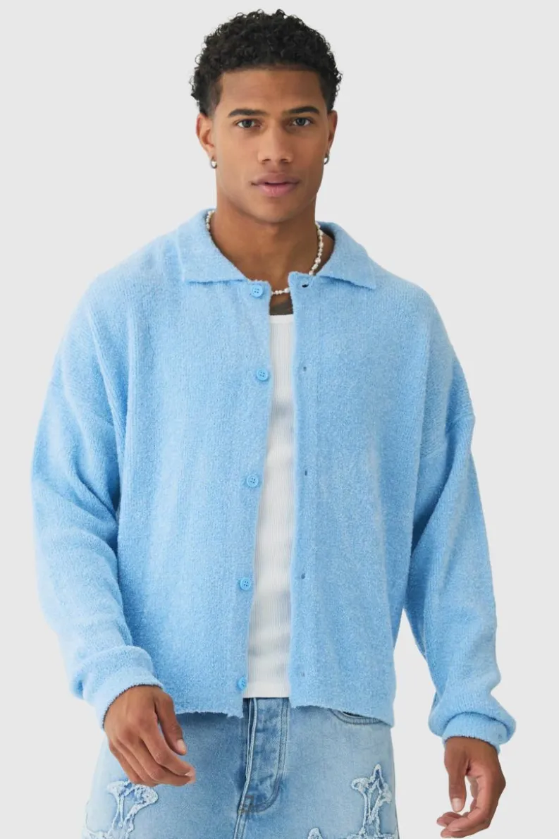 Outlet boohooMAN Boxy Fit Brushed Knit Cardigan light blue