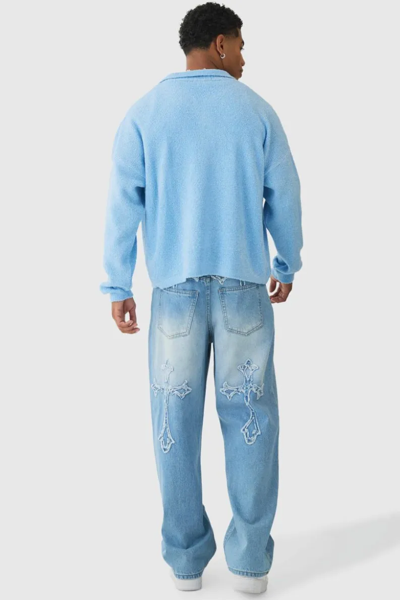 Outlet boohooMAN Boxy Fit Brushed Knit Cardigan light blue