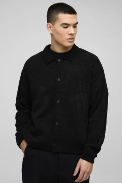 Discount boohooMAN Boxy Fit Brushed Knit Cardigan black